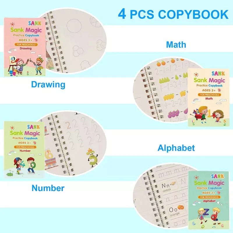 Kids Magic Practice Book (4 Books + 1 Pen + 1 Grip + 8 Refill)